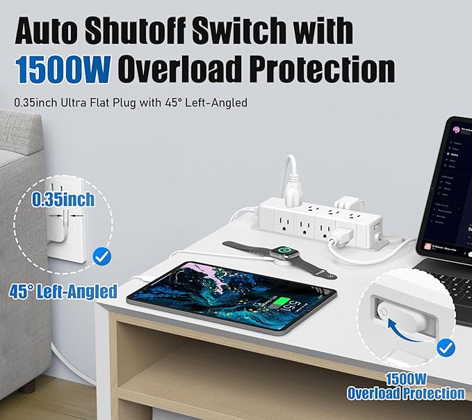 40W Fast Charging Under Desk Power Strip,12 Outlet Mountable Power Strip with 4 USB,1200J Surge Protection,10FT Flat Extension Cord