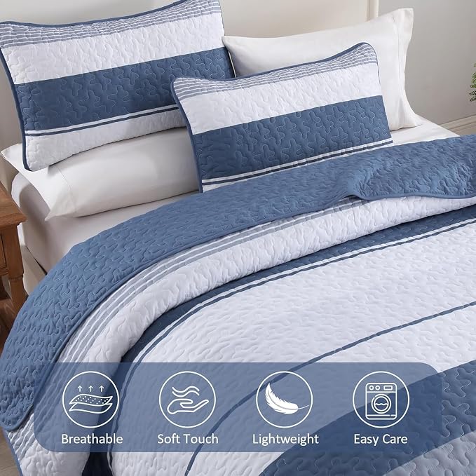 Dinjoy California King Striped Quilt, Mineral Blue Lightweight Bedspread | Soft - Image 5