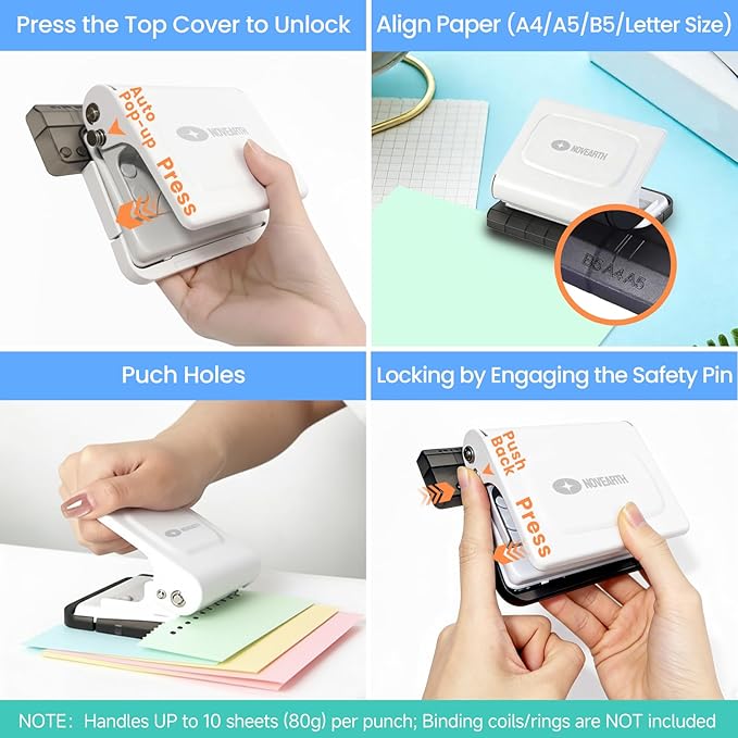10-Hole Binding Machine for Planners,Metal Punch Loose Leaf Tool 26 Holes for B5, 30 for A4, 20 for A5 Paper,Handheld Manual Book Binder,Notebook Puncher for Home, Office, School, DIY Projects