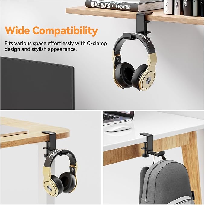 Yocice Headphone Hanger Holder Stand-Under Desk Headphone Hanger， Headset Hook Holder Space-Saving Aluminum Stand with Universal Fit for Gaming PC Accessories (Black-1PCS)