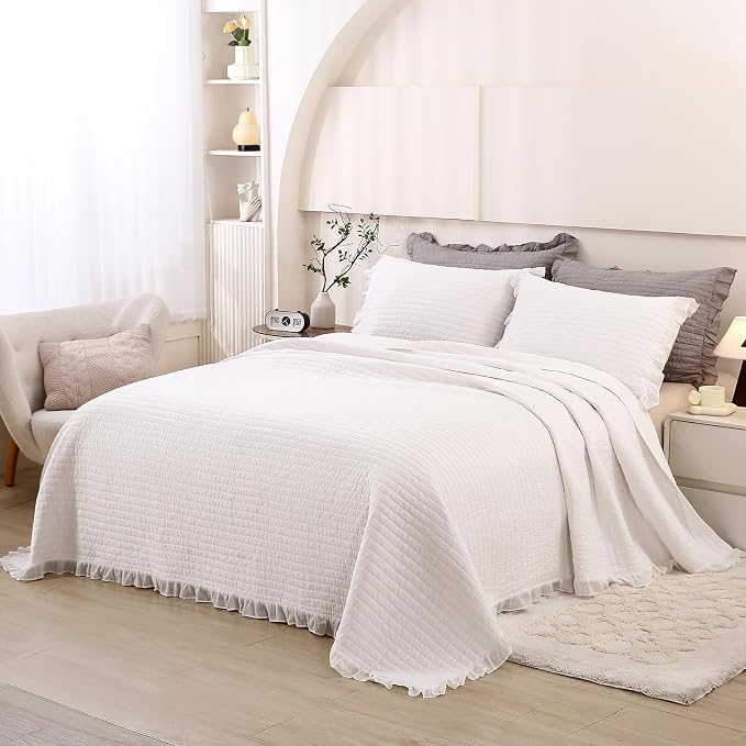 ROOMLIFE Quilt Set Full Size 3D Floral Embroidery Pattern 3-Piece Cotton - Image 4