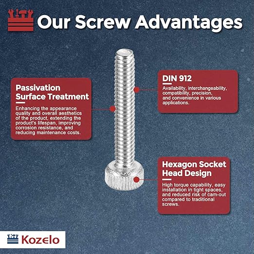Kozelo 100pcs Socket Head Cap Screws - [M2-0.4 x 12mm] 304 Stainless Steel Allen Socket Drive for Electrical Motor 3D Printing Fan Engine Replacement Use, Silver