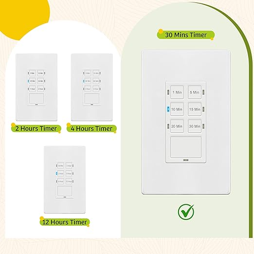 TG 30-Min Countdown Timer Switch for Bathroom Fans and Household Lights, 1-5-10-15-20-30 Min Settings with Manual Override, Always On Blue LED, Neutral Wire Required, UL Listed, White, 2 Pack