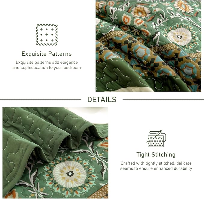 Yiran Boho Quilts Full Size, Olive Green Bedspreads Bedding Set | Lightweight - Image 4