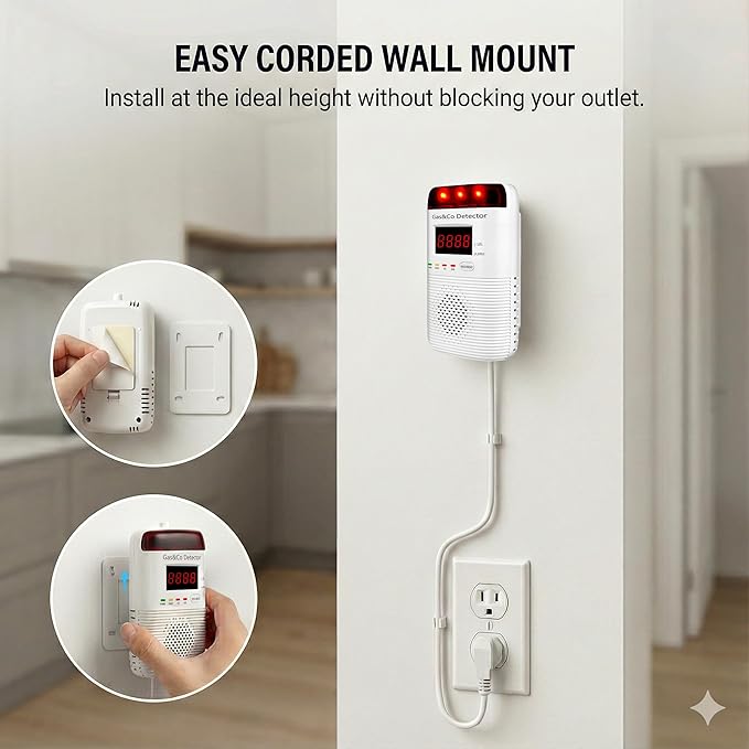 2 Packs Combination Gas & Carbon Monoxide Detectors Plug in, Portable CO Detector with Digital Display Audible & Visual Alarm, Gas & CO Alarm Applicable to for Home, Kitchen, Hotel