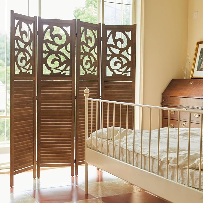 Svimi Folding Room Divider, 5.6Ft 4 Panels Wood Carved Privacy Screens - Image 7