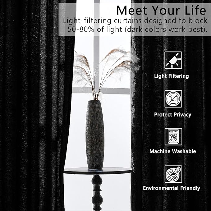 SMILETIME Black Crushed Velvet Curtains 52x96 inch Luxurious Thermal Insulated Soundproof Drapes for Living Room Bedroom Office Soft and Durable Light-Filtering Window Treatments, 2 Panels