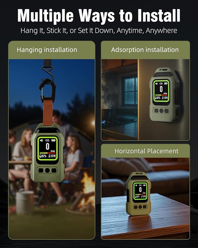 3-in-1 Portable Carbon Monoxide Detector.Visual Alarm for Camping,Travel,RV.More Than 300H Standby . Equipped With a Flashlight, Magnetic Back and Hook.Featuring CO, Temperature and Humidity Sensors