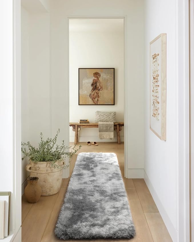 2x6 Runner Rugs for Bedroom Living Room, Fluffy Tie-Dyed Light Grey Bedside - Image 8