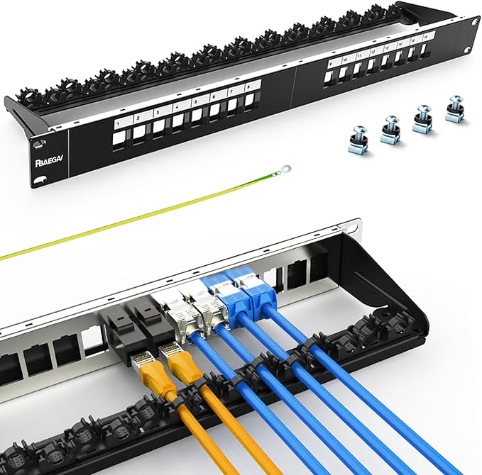 PBAEGAV 16 Port Patch Panel Blank UTP/STP 1U 19" Keystone Patch Panel with Cable Management and Support Bar Compatible with LC/SC/ST/FC/USB/HDMI Keystone Jack(16 Port)