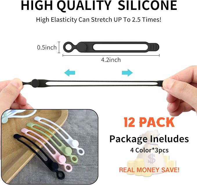 UMUST 12Pcs Silicone Cable Ties, Cable Management Cord Organizer 4Colors | - Image 2