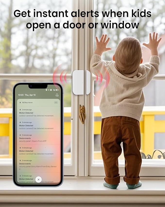 NGTeco 9-Piece Home Security Alarm Kit, Wi-Fi Home Security System with 4.3" Touchscreen, Motion Sensor, 5 Entry Sensors, Window and Door Protection - No Contract, Compatible with Alexa & Google