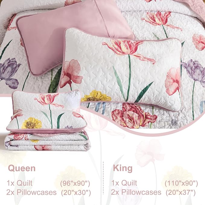 WONGS BEDDING Pink Quilt Set Queen, 3 Pieces Colorful Delicate Floral Bedspread - Image 7