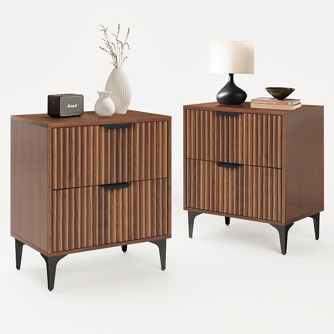 Walnut Fluted Nightstand Set of 2, Modern Night Stands by SUNWAVEHOME