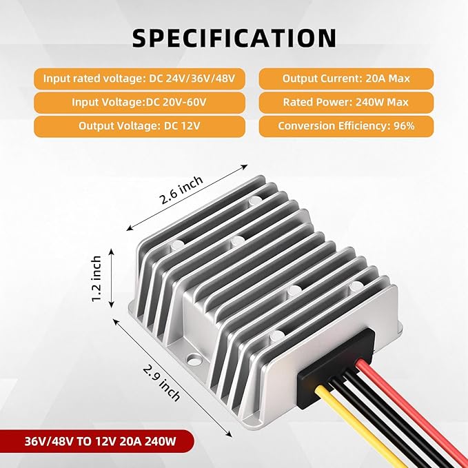 ikkwmei DC-DC Professional 48V 36V to 12V Voltage Regulator, 240W 20A for Golf Cart Converter, Waterproof DC Convert Regulator Transformer with Fuse