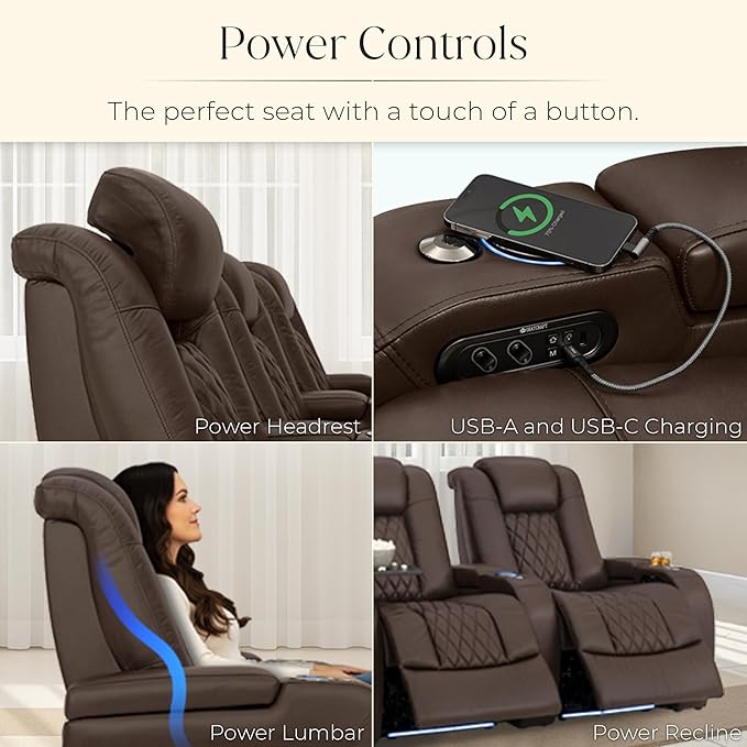 Seatcraft Diamante Zero-Gravity CoolZero Italian Leather Home Theater Seating, Power Headrest, Power Recline, Row of 3 Sofa, Brown