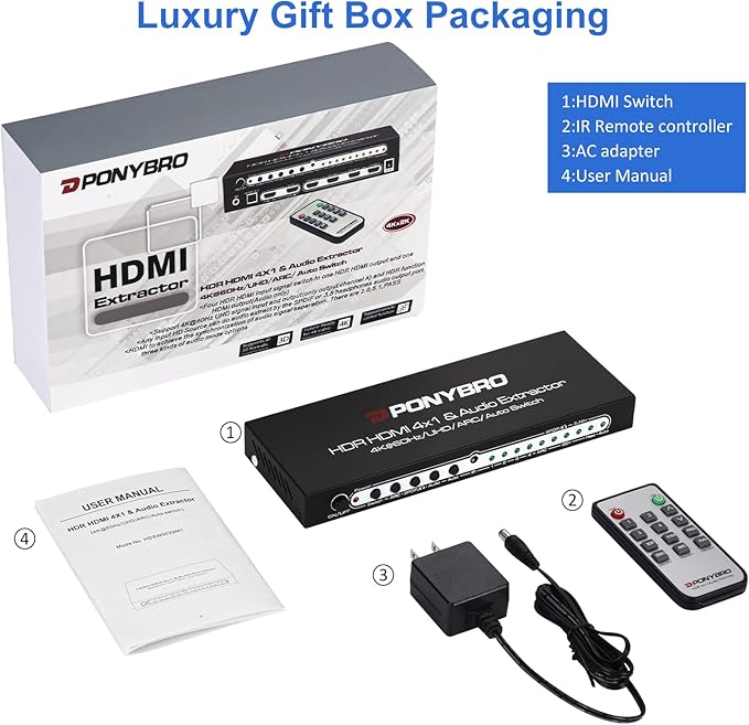 PONYBRO HDMI 2.0 Switch 4 Port with Audio Extractor – 4K@60Hz HDR10, Optical/AUX/ARC Audio Output, Auto-Switching for PS5/Xbox/Soundbar, Dolby Digital & DTS Support, Remote Included.