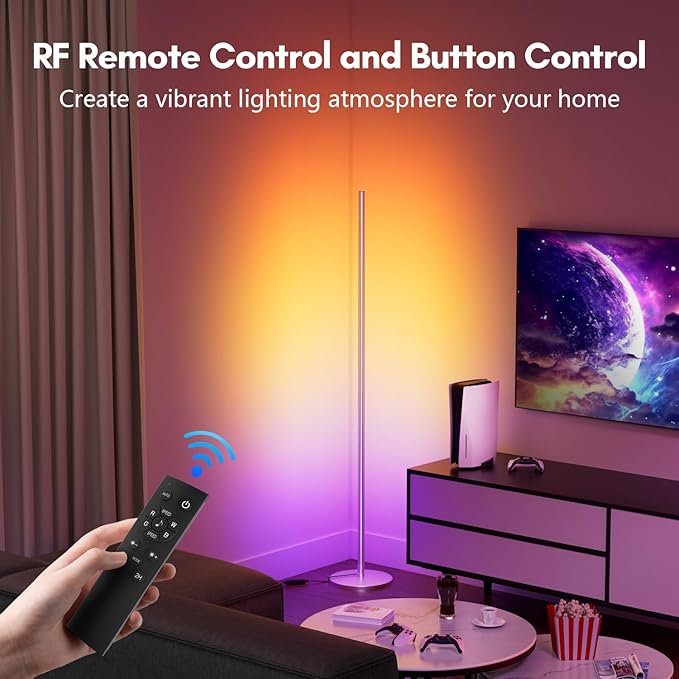 luckystyle Smart RGB Corner Floor Lamp,Bright LED Tall Modern Floor Lamp with APP and Remote,Ambient Lighting Color Changing Standing Lamps with Music Mode and Timing for Living Room,Bedroom Silver