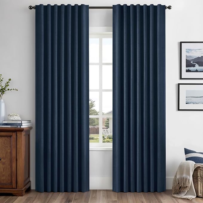 MIULEE 100% Blackout Linen Curtains 42 x 90 Inch Midnight Blue 2 Panels | by MIULEE