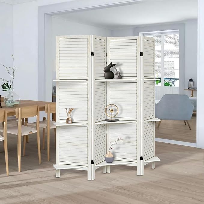 Room Divider with Shelves, 4 Panel White Privacy Screen | Partition Room - Image 2