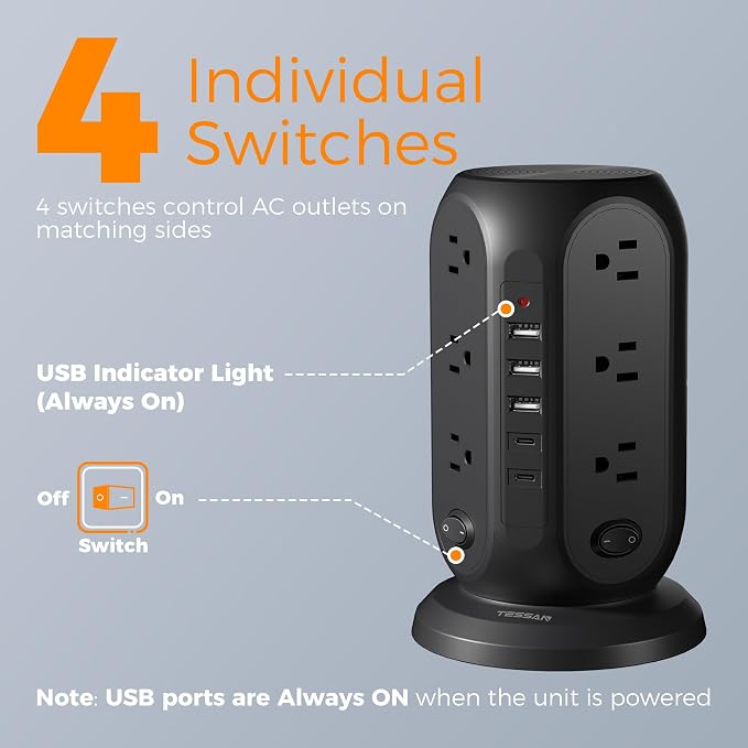 TESSAN Tower Power Strip Surge Protector, Flat Extension Cord 10 Ft, 5 USB Ports - Image 2