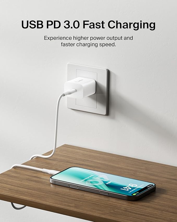 Belkin USB C Charger Block 20W, iPhone Charger Fast Charging - iPhone 17, Air, Pro, Pro Max, Samsung Galaxy S25, Google Pixel 10, iPad, AirPods, Apple Watch, Nintendo Switch 2 & More - White