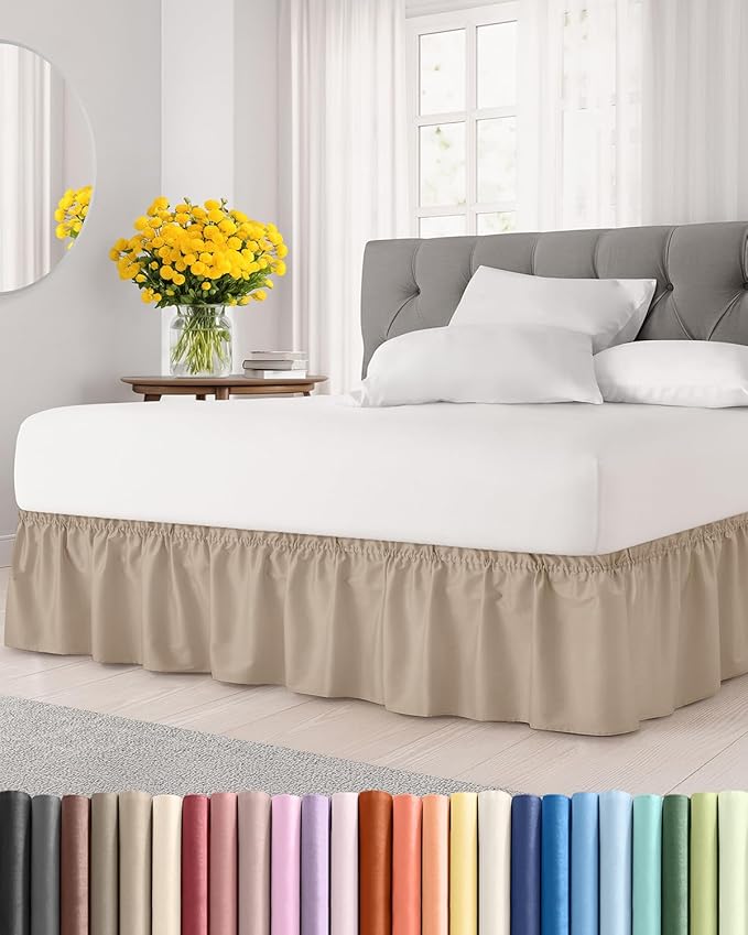 Wrap Around Dust Ruffle Bed Skirt - Cream - Twin/Twin XL Size Beds with 24 Inch Drop - Easy Fit Elastic Strap - Adjustable Pleated Bedskirt w/Brushed Fabric - Wrinkle Free - Women, Men, Kids & Teens