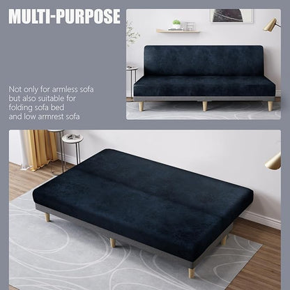 molasofa Leather Like Stretch Futon Slipcover Armless Futon Bed Sofa Cover Furniture Protector with Elastic Bottom, Soft and Washable Futon Cover for Sofa Bed Stay in Place（Larger, Navy Blue）