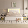 Queen Bed Frame with 4 Storage Drawers and Adjustable Headboard, Upholstered Platform LED Bed with Type-C&USB Ports, Solid Wooden Slats Support, Faux Leather, Easy Assembly, Beige