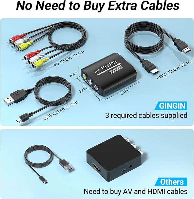 GINGIN RCA to HDMI Converter, AV to HDMI Converter for TV/PC/N64/Wii/PS1/PS2/PS3/STB/Xbox/VHS/VCR/Blue-Ray DVD Players, with 3.3ft RCA and HDMI Cables