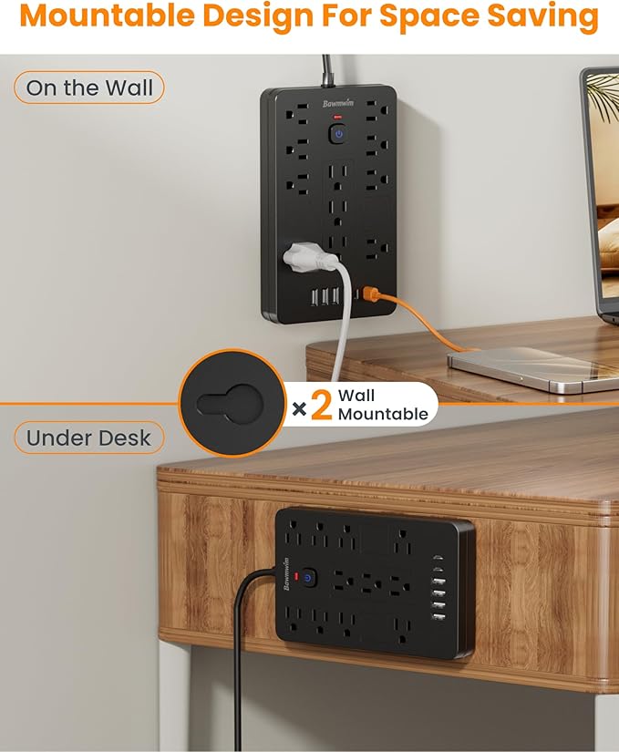Bawmwim Surge Protector Power Strip - 11 Outlets(1850W/15A) with 6 USB Ports(2 USB C), 10FT Flat Plug Extension Cord, Wall Mount, Black, ETL Listed for Home, Dorm Room