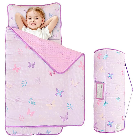 Viviland Toddler Kid Nap Mat for Preschool, Girls Purple Butterfly Slumber Bag, Daycare Sleeping Bag with Pillow and Blanket, Kindergarten Sleep Mat