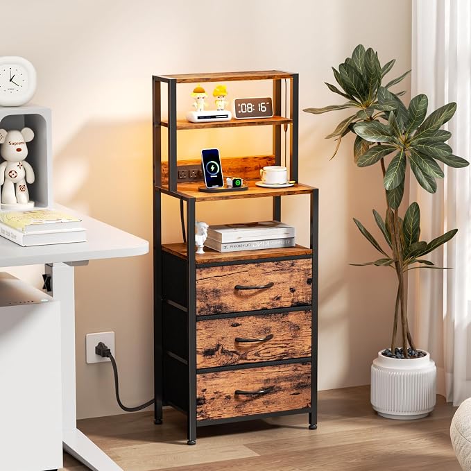 Night Stand with Charging Station, Tall Nightstand, LED Lights | 4-Tier Shelves - Image 5