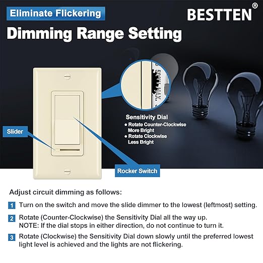 BESTTEN 6 Pack Dimmer Wall Light Switch, Compatible with Dimmable LED, CFL, Incandescent and Halogen Bulb, Single Pole or 3-Way Dimmer Switches, 120VAC, Decorator Wallplate Included, Almond