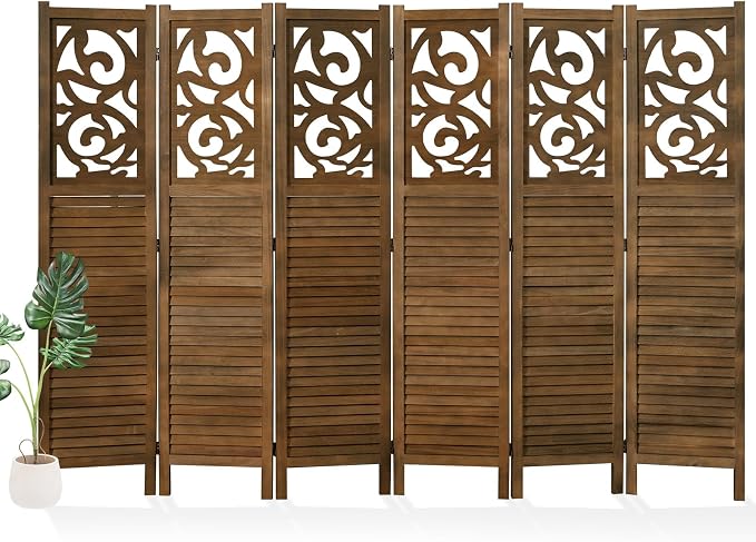 Svimi Folding Room Divider, 5.6Ft 6 Panels Wood Carved Privacy Screens by Svimi