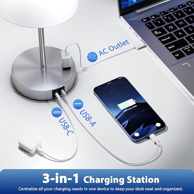 17.6" Silver Touch Lamps for Bedroom Set of 2, USB C+A, AC Outlet | Large 17.6" - Image 5