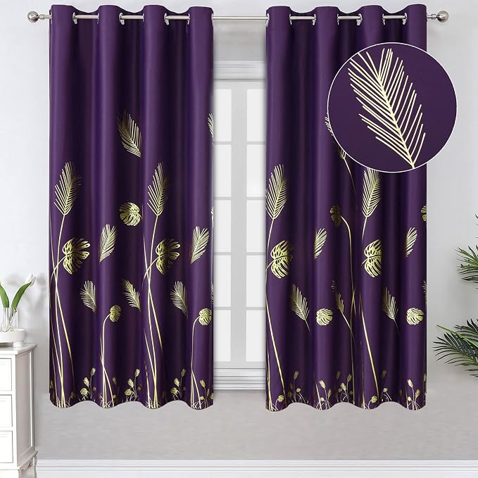 Purple Blackout Curtains for Bedroom, Room Darkening Gold Palm Tree Pattern by ESTELARTEXTILER