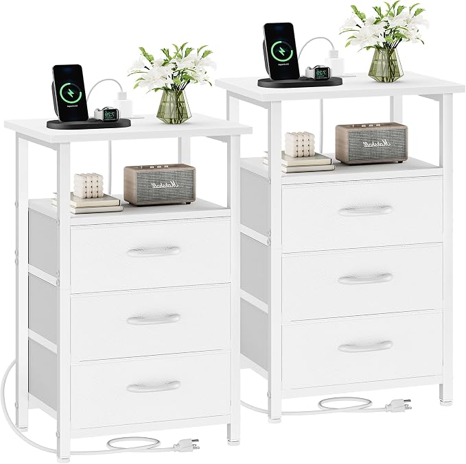 Nightstand Set of 2 with Charging Station, Bedside Table with USB Ports and by Vagusicc