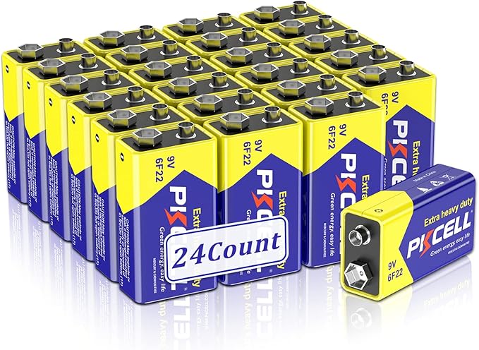 PKCELL 9V Batteries, 24 Pack 9 Volt Batteries Carbon Zinc, 9V Battery for Smoke Detector, Alarms, 6F22 Square Battery