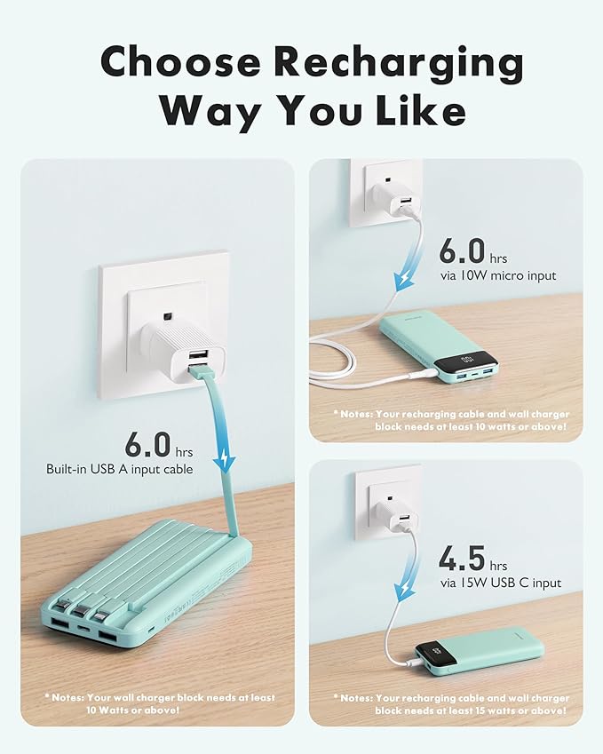 charmast Portable Charger with Built in Cables, Power Bank with Cords Wires, Slim 10000mAh Travel Battery Pack 6 Outputs 3 Inputs 5A Fast Charging for Samsung Google Pixel LG Moto iPhone iPad