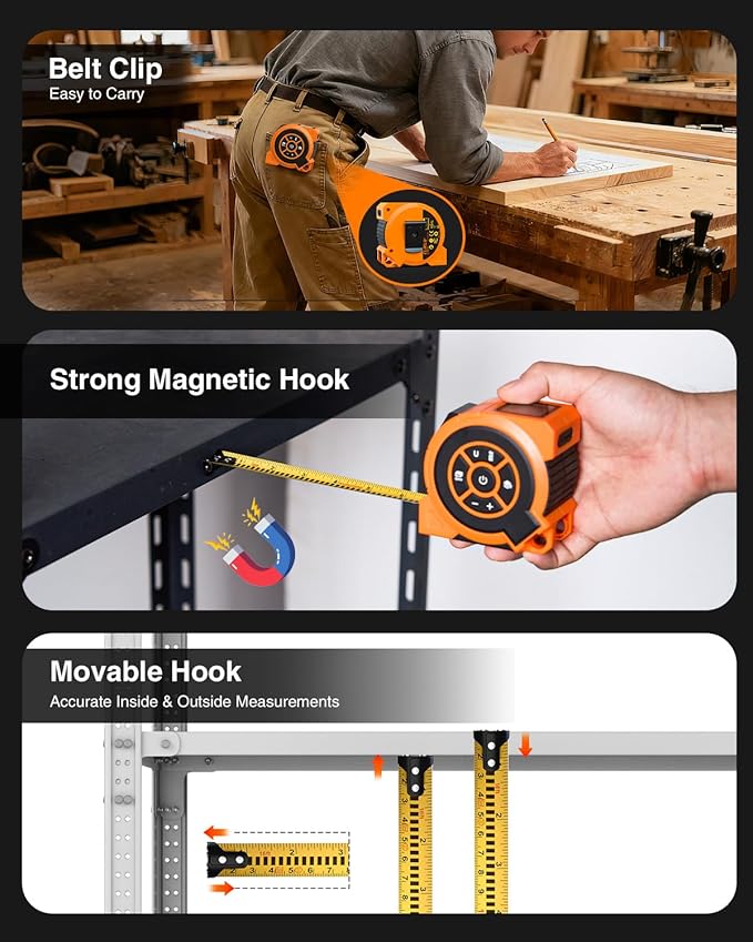 3-in-1 Digital Laser Tape Measure 328Ft Rechargeable Measuring Tool & 16Ft Auto-Lock Tape Measure Movable Magnetic Hook with Area/Volume/Pythagorean, Ft/in/M/Ft+in for Construction, Woodworking, Home