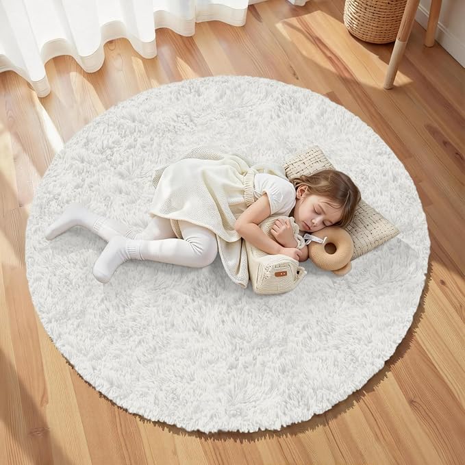 White Round Fluffy Rug 5ft Plush Fuzzy Shaggy Carpet | Soft Rugs - Image 5