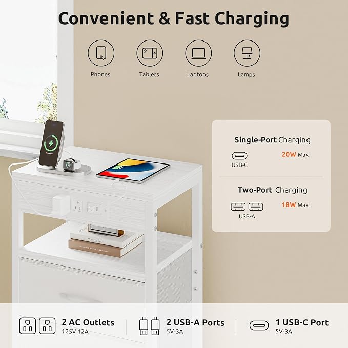 Lazzanto Night Stand with Charger Station, 3 Fabric Drawers, Bedside Table - Image 4
