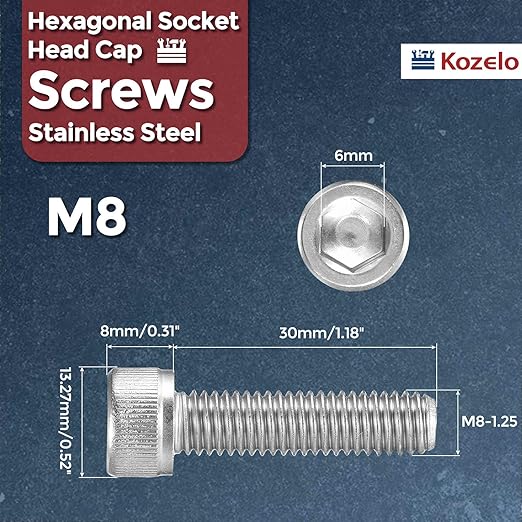 Kozelo 15pcs Socket Head Cap Screws - [M8-1.25 x 30mm] 304 Stainless Steel Allen Socket Drive for Electrical Motor 3D Printing Fan Engine Replacement Use, Silver
