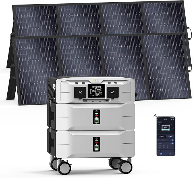 IEE SP5000 Solar Generator with 2x400W Solar Panel,120/240V Dual Voltage 5000W(Peak 9000W) 5120Wh LFP Battery Power Station,Fast Charging APP Control for Home Use,Emergencies,RVs.