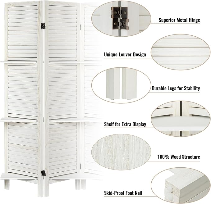 Room Divider with Shelves, 6 Panel White Privacy Screen | Partition Room - Image 4