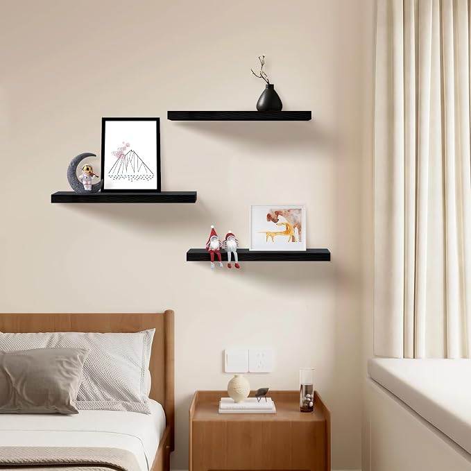 Floating Shelves for Wall Set of 3, 16 Inch Black Floating Shelves Bedroom | - Image 4