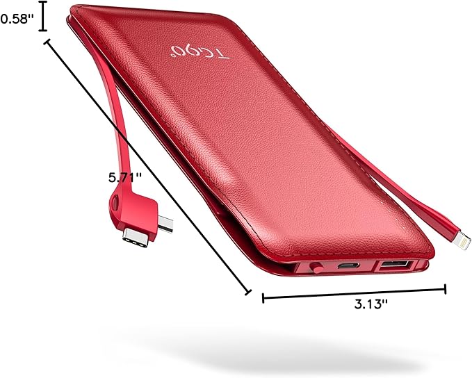 TG90° Portable Charger 10000mah Cell Phone Battery Backup, Ultra Slim Power Bank with Built in Cables(No AC Plug), Portable Phone Charger Battery Packs Compatible with iPhone Android Phones