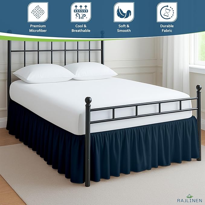 Rajlinen Ruffled Bed Skirt Full, 8 Inch Drop Dust Ruffle with Split Corners, 100% Microfiber Bedskirt with Platform, Three-Sided Coverage Ruffled Gathering Design, Navy Blue
