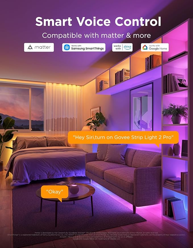 Govee RGBWWIC Strip Light 2 Pro with Matter, 6.56ft Smart LED Strip Lights Compatible with Alexa and Google Assistant, Color Changing LED Lights for Bedroom, Cabinet, Party, Gaming Desk, Home Decor